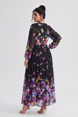 Curveins Plus Size V Neck Floral Long Sleeve Flowy Elegant Casual Maxi Dress
