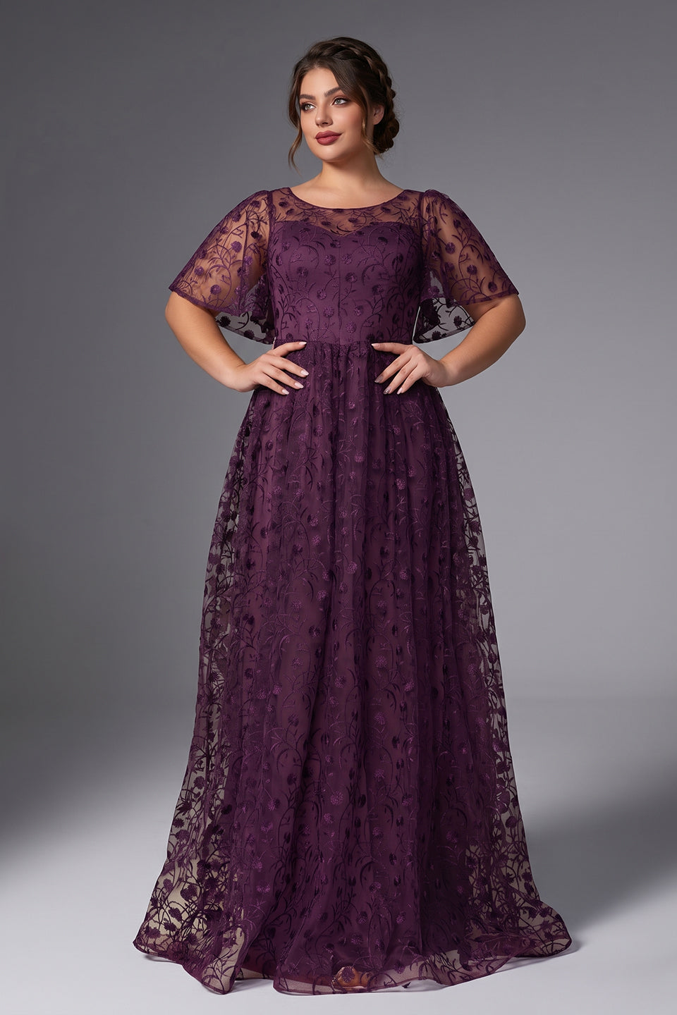 Curveins Plus Size Crew Neck Batwing Sleeve Floral Cinched Waist Elegant Maxi Dress