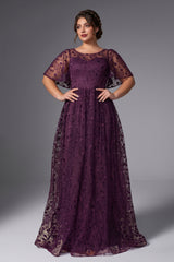 Curveins Plus Size Crew Neck Batwing Sleeve Floral Cinched Waist Elegant Maxi Dress