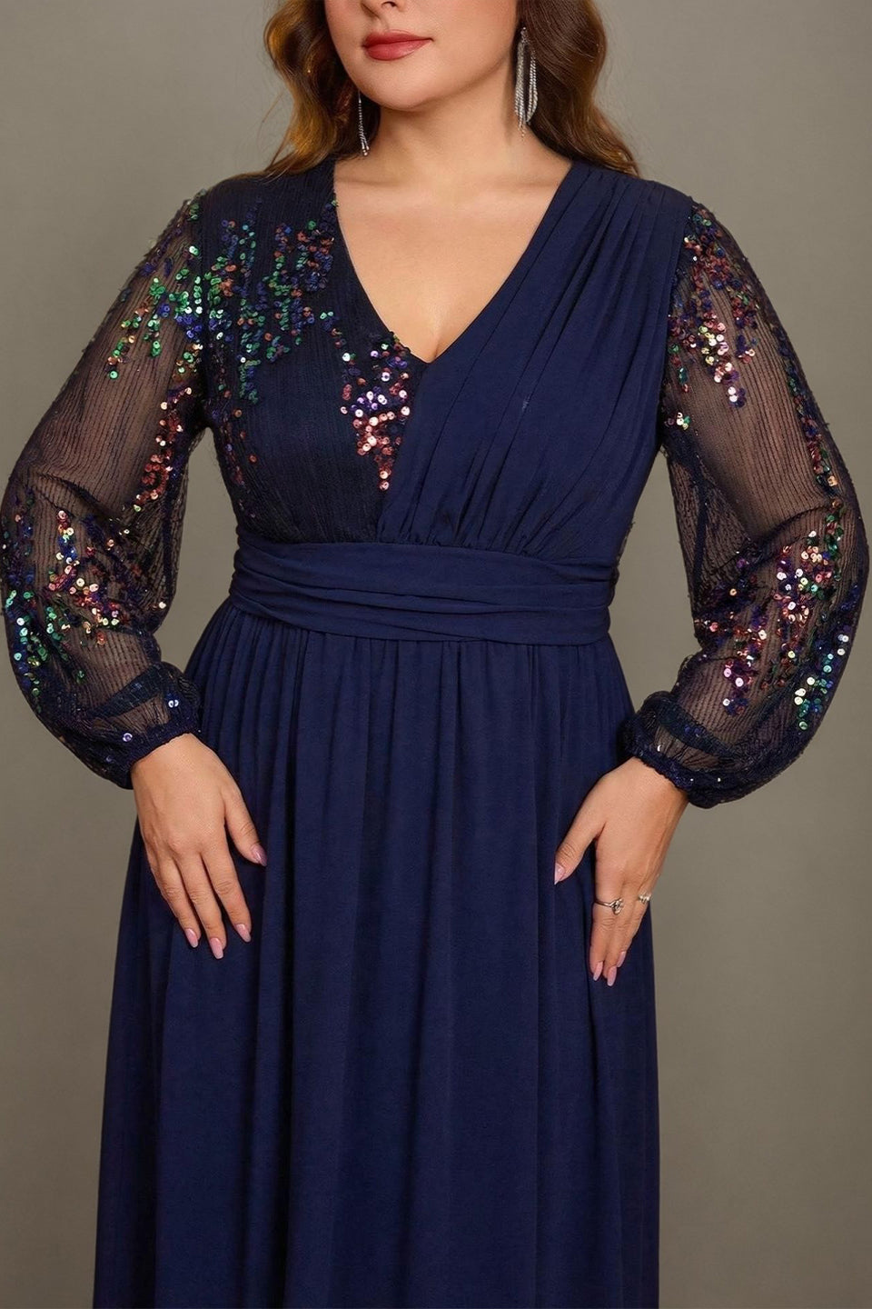 Curveins Plus Size V Neck Long Sleeve Sequin Cinched Waist Elegant Maxi Dress