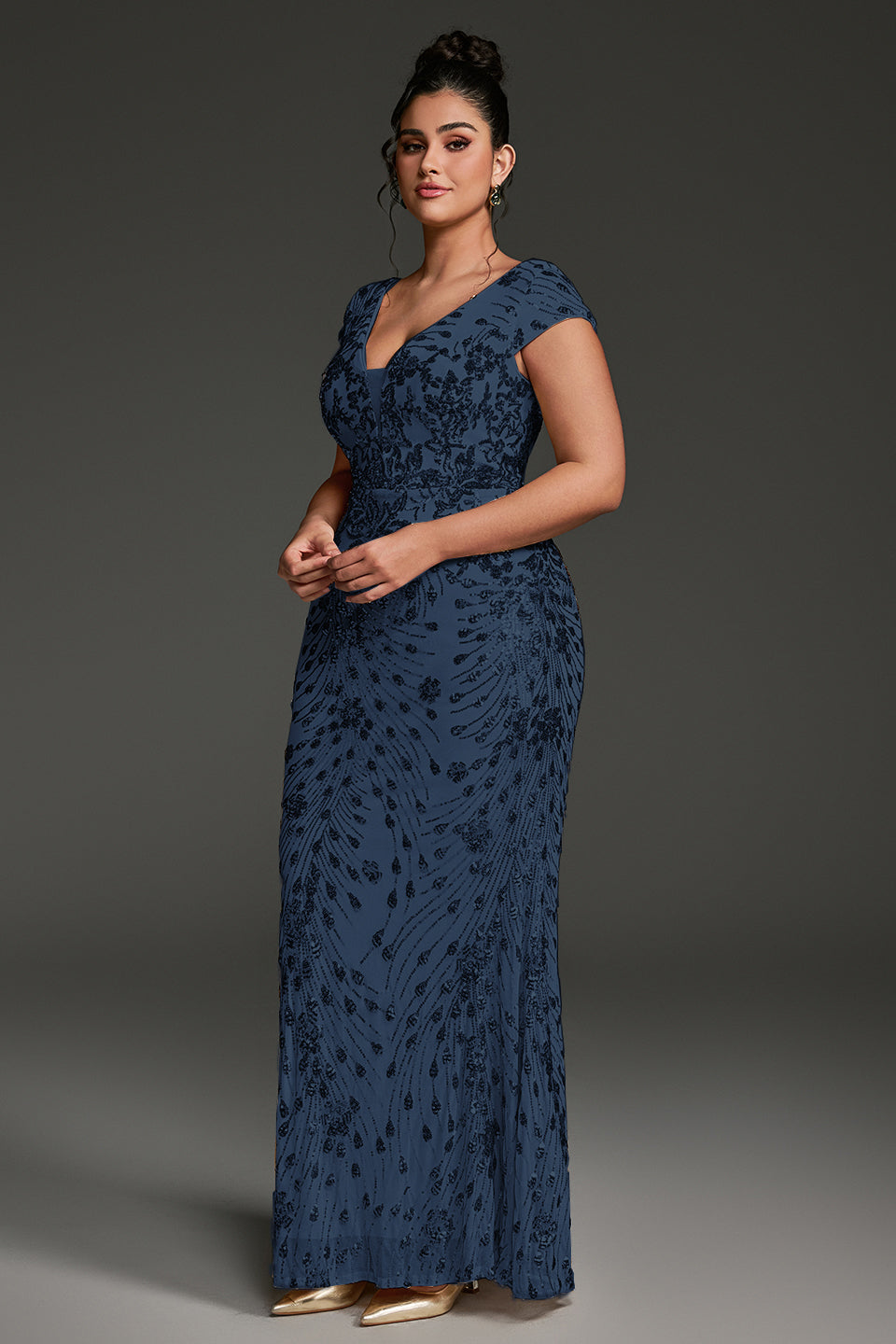 Curveins Plus Size One-Shoulder Side Slit and Waist Cinch Maxi Dress