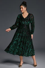 Curveins Plus Size V-Neck Flowy Bell Sleeves Pleated Velvet Maxi Dress