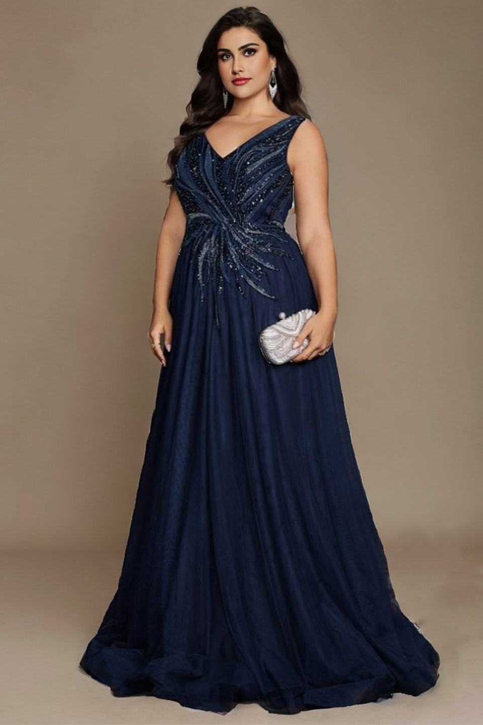 Curveins Elegant Plus Size V-Neck Sleeveless Glitter Pleated Evening Gown