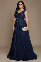 Curveins Elegant Plus Size V-Neck Sleeveless Glitter Pleated Evening Gown