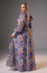 Curveins Plus Size V Neck Floral Long Sleeve Ruched Waist Elegant Maxi Dress