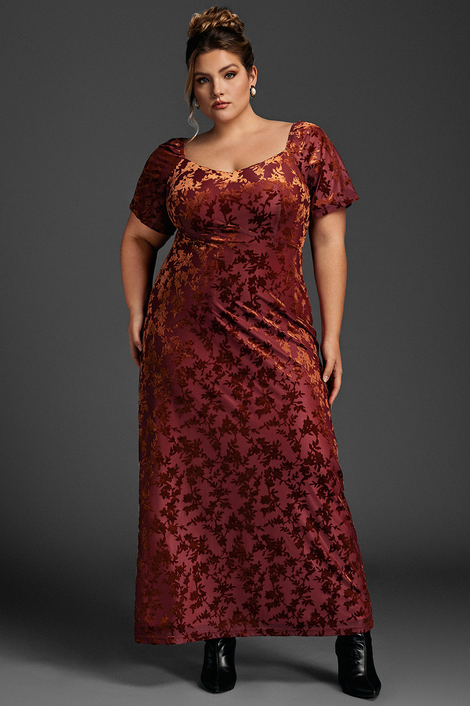 Curveins Plus Size Velvet Ruffle Sleeve Maxi Dress