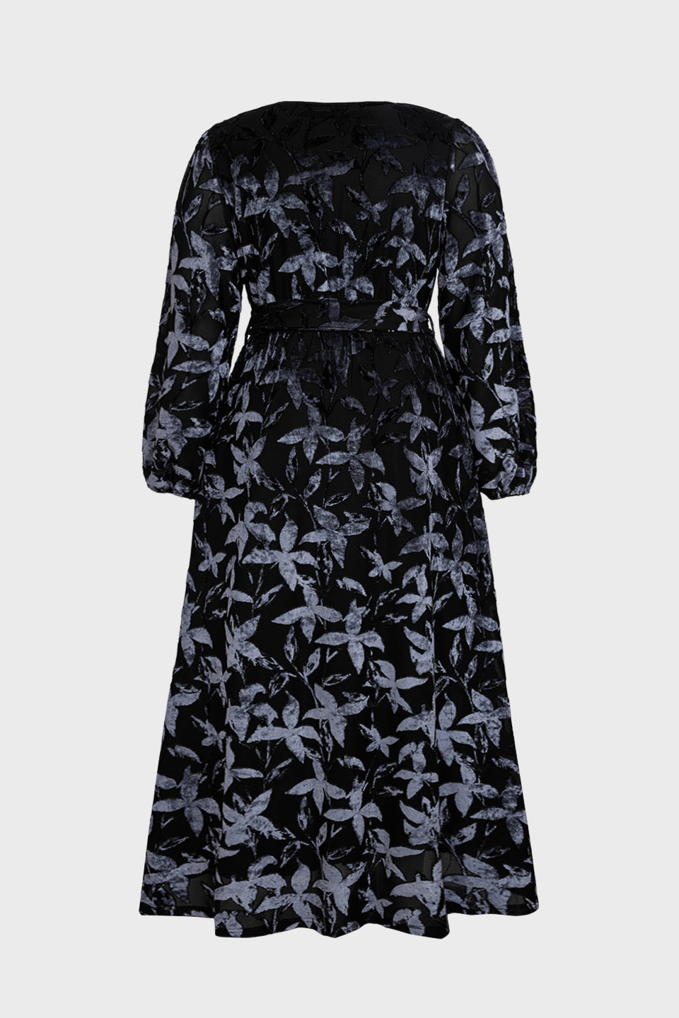 Curveins Plus Size V Neck Long Sleeve Maple Leaf Velvet Waist Tie Maxi Dress