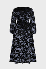 Curveins Plus Size V Neck Long Sleeve Maple Leaf Velvet Waist Tie Maxi Dress