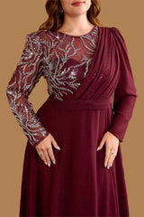 Curveins Plus Size Elegant Ruched Waist Long Sleeve Round Neck Maxi Dress