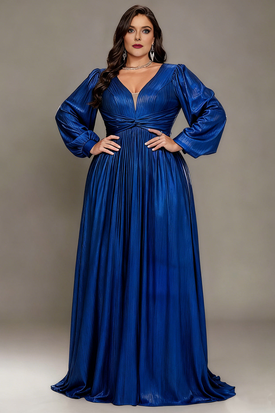 Curveins Plus Size V-Neck Long Lantern Sleeves Classic Evening Maxi Dress