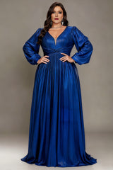 Curveins Plus Size V-Neck Long Lantern Sleeves Classic Evening Maxi Dress