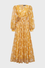 Curveins Plus Size V Neck Puff Sleeve Floral Print Ruched Waist Feminine Maxi Dress