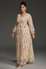 Curveins Plus Size V-Neck Sequin Tassel High-Waist Maxi Dress