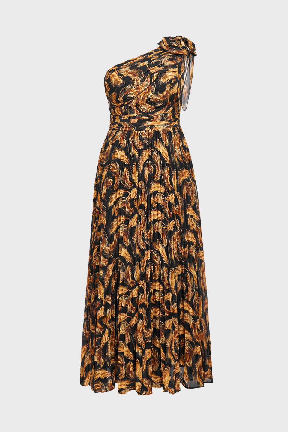 Curveins Plus Size One Shoulder Striped Cinched Waist Flowy Maxi Dress