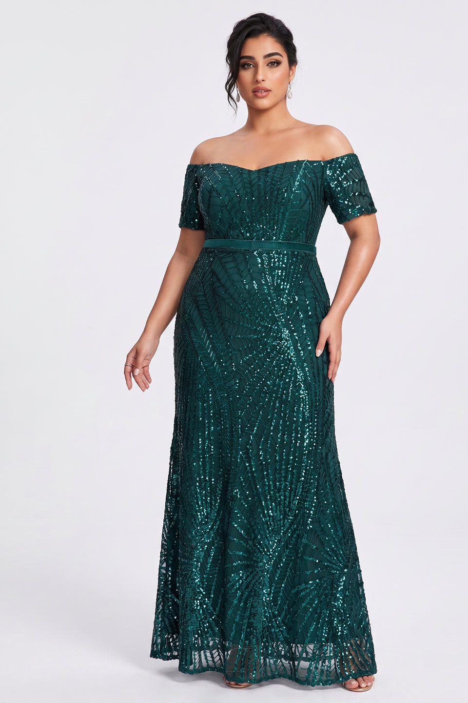 Curveins Plus Size Off Shoulder Striped Sequin Cinched Waist Evening Maxi Dress
