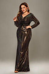 Curveins Plus Size V-Neck Long Lantern Sleeve Sequin Bodycon Maxi Dress