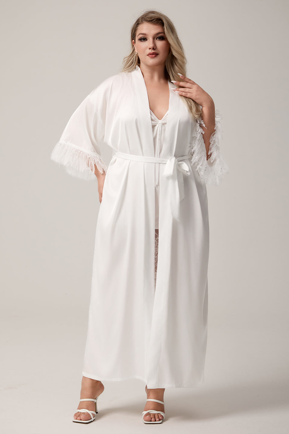 Curveins Plus Size Long Satin Chiffon Feather Sleeve Relaxed Fit Robe Sleepwear