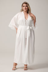Curveins Plus Size Long Satin Chiffon Feather Sleeve Relaxed Fit Robe Sleepwear
