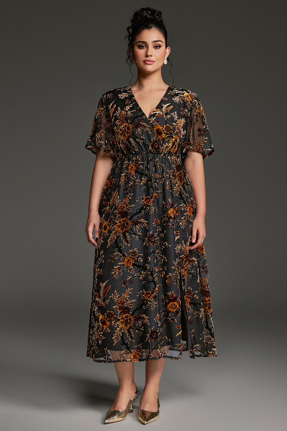 Curveins Plus Size V-Neck Sheer Batwing Sleeve Floral Velvet Maxi Dress