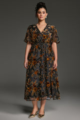 Curveins Plus Size V-Neck Sheer Batwing Sleeve Floral Velvet Maxi Dress