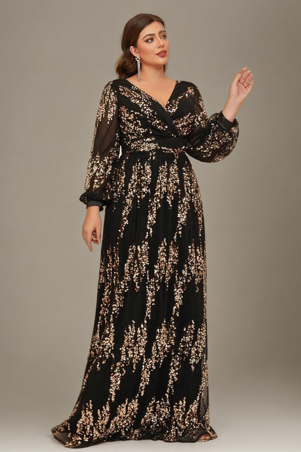 Curveins Plus Size Sequin V-Neck Lantern Sleeve Formal Party Maxi Dress
