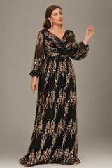 Curveins Plus Size Sequin V-Neck Lantern Sleeve Formal Party Maxi Dress