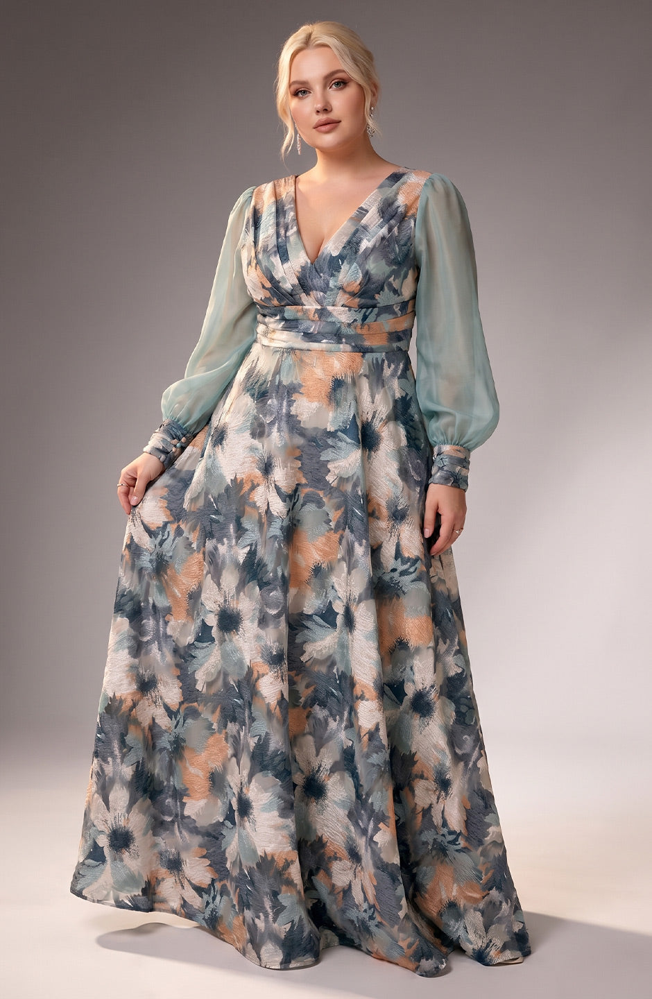 Curveins Plus Size Floral V Neck Long Sleeve Waist Ruched Flowing Maxi Dress