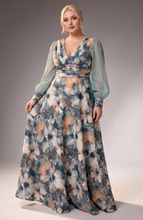 Curveins Plus Size Floral V Neck Long Sleeve Waist Ruched Flowing Maxi Dress