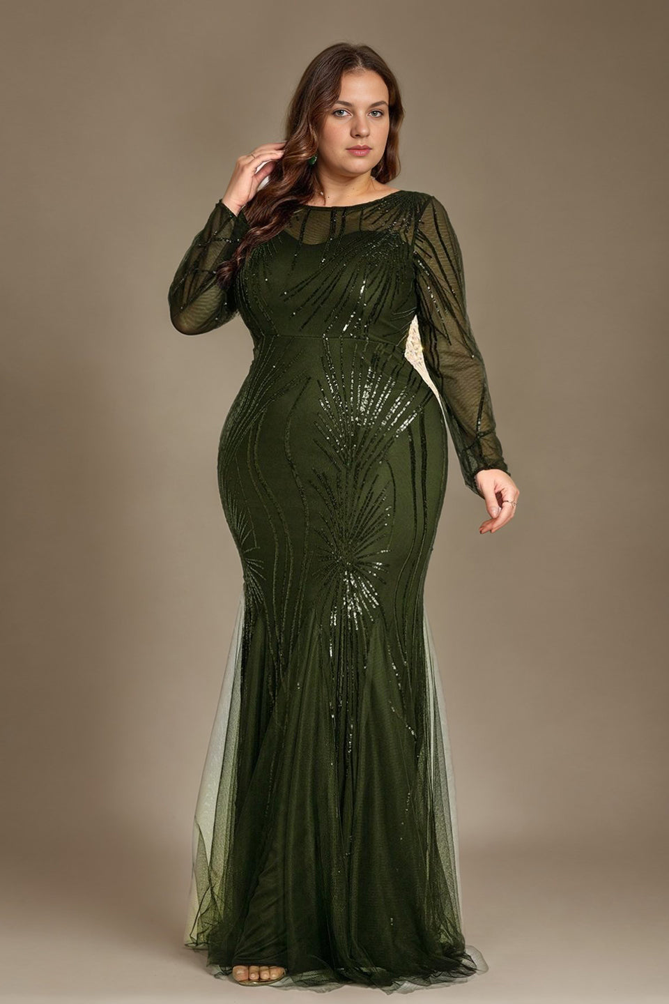 Curveins Plus Size Round Neck Long Sleeve Sequin Bodycon Maxi Dress