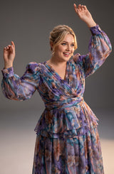 Curveins Plus Size V Neck Floral Long Sleeve Ruched Waist Elegant Maxi Dress