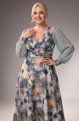 Curveins Plus Size Floral V Neck Long Sleeve Waist Ruched Flowing Maxi Dress