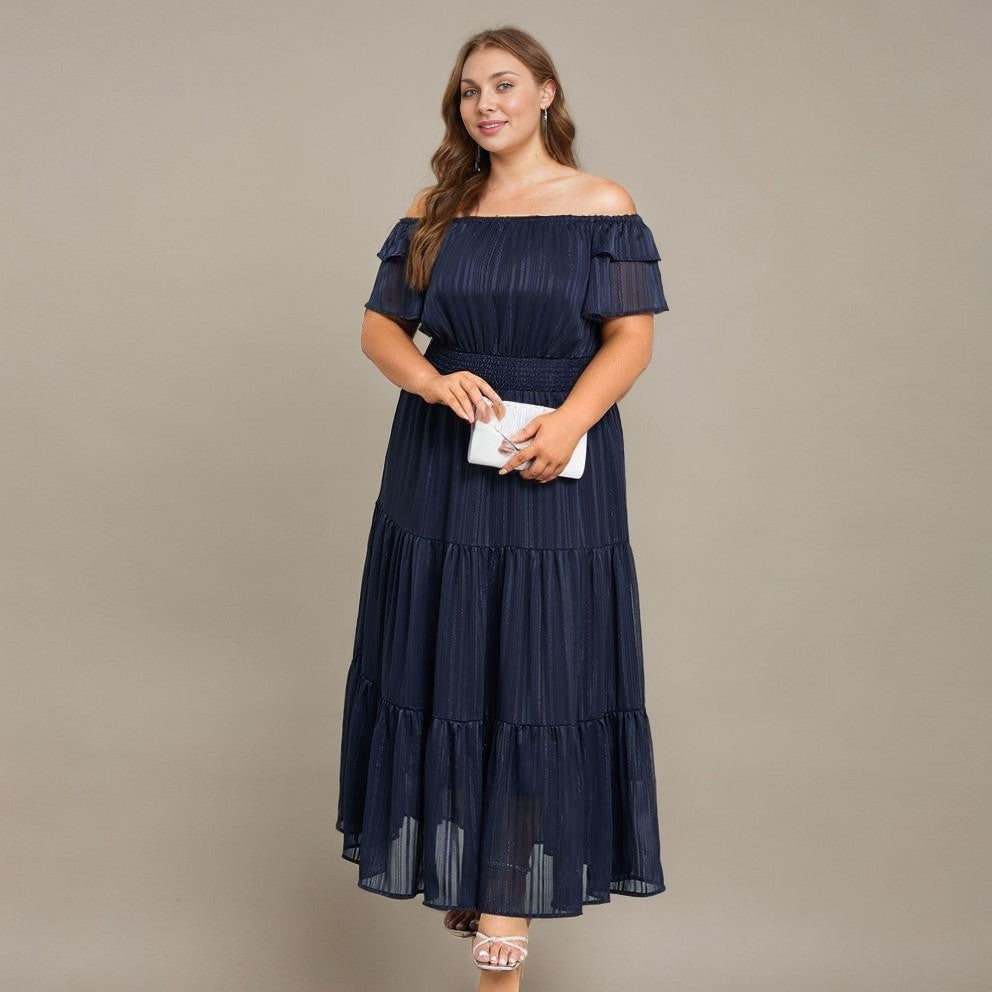Curveins Plus Size Off Shoulder Ruffle Sleeve Elastic Waist Maxi Dress
