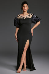 Curveins Plus Size Patchwork Round Neck Puff Sleeve Slit Bodycon Maxi Dress