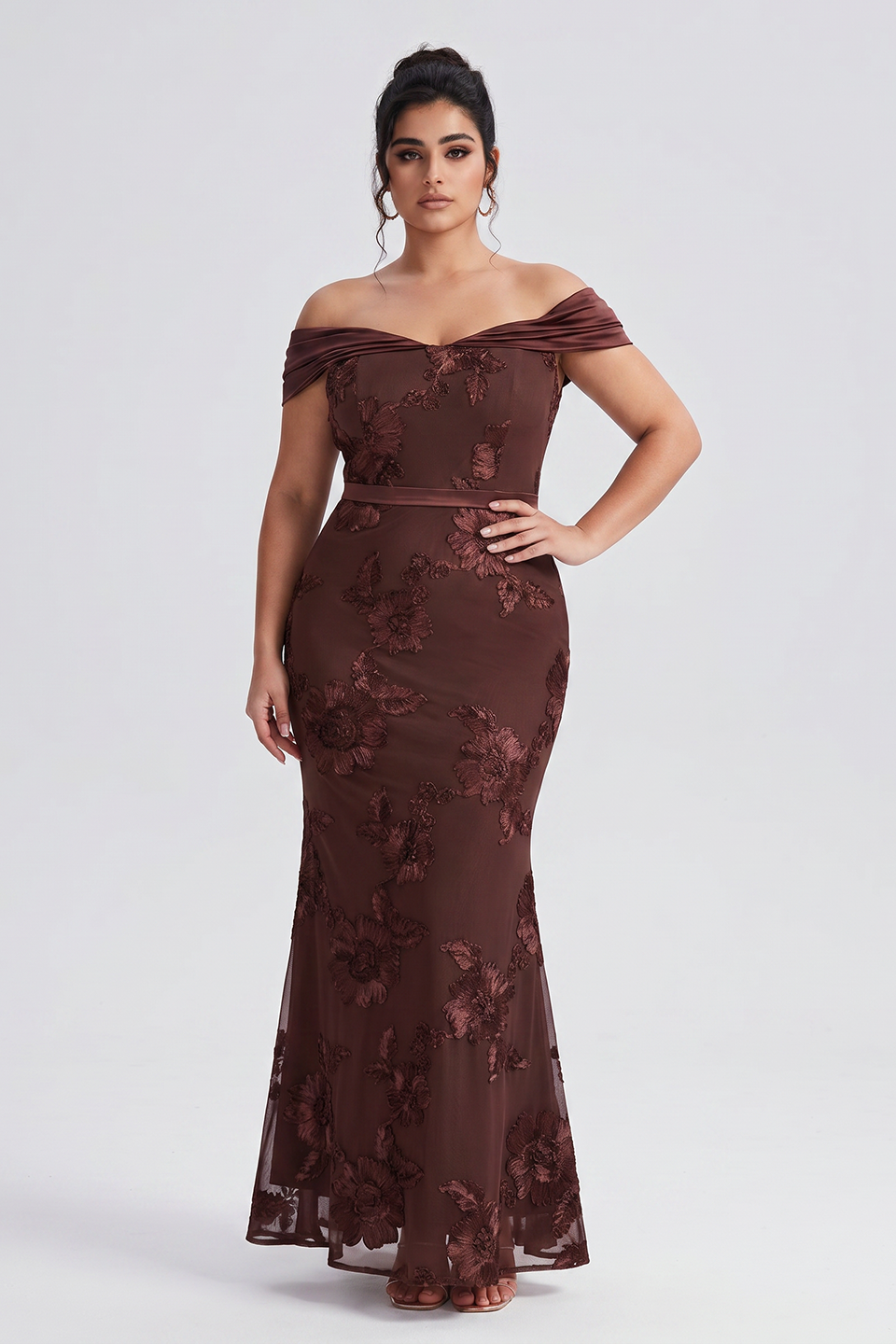 Curveins Plus Size Off Shoulder Floral Pattern Ruched Waist Bodycon Elegant Maxi Dress
