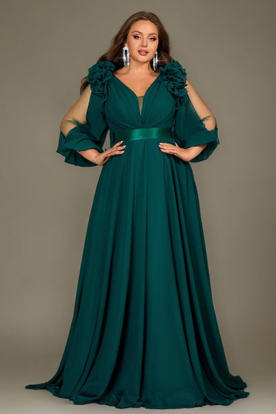 Curveins Plus Size Elegant V-Neck Batwing Sleeve Waist-Hugging Long Dress 22-24/3X / Coralpink