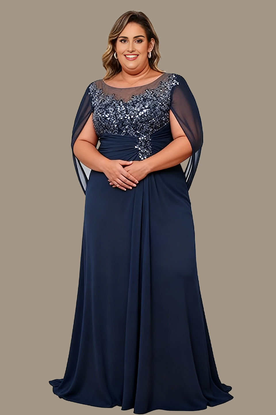 Curveins Elegant Plus Size Sheer Neck Floral Appliqué Cape Maxi Dress