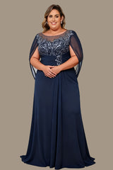 Curveins Elegant Plus Size Sheer Neck Floral Appliqué Cape Maxi Dress