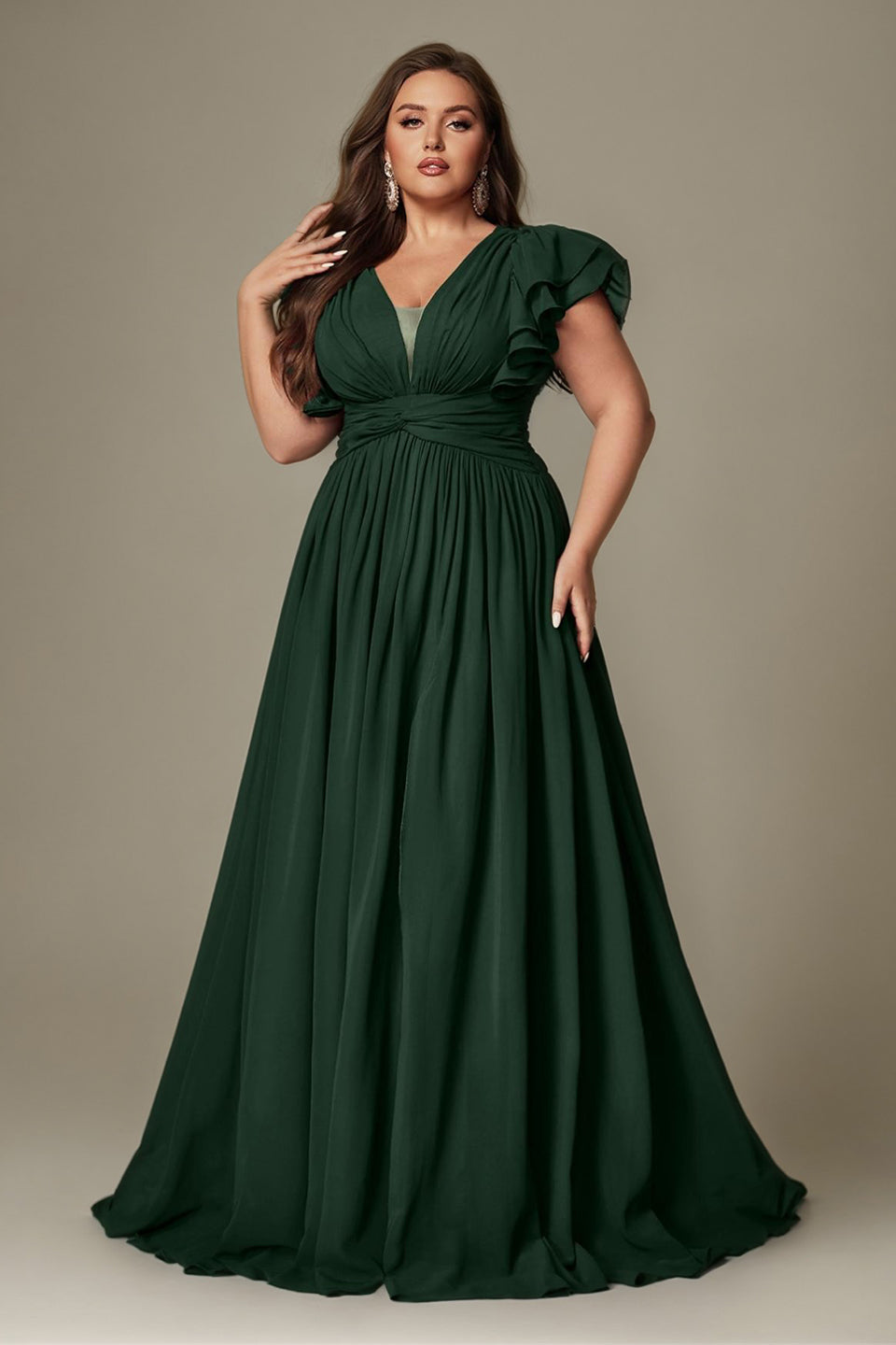 Curveins Plus Size V-Neck Ruffle Sleeve Split A-Line Maxi Dress