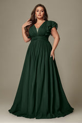 Curveins Plus Size V-Neck Ruffle Sleeve Split A-Line Maxi Dress