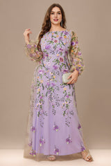 Curveins Plus Size Elegant Round Neck Long Sleeve Mesh Embroidery Maxi Dress
