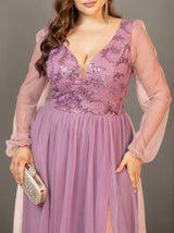 Curveins Plus Size V-Neck Sequin Mesh Patchwork Maxi Dress
