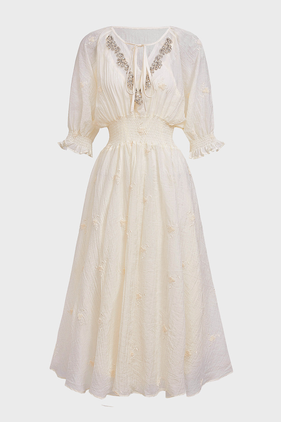 Curveins Plus Size V-Neck Embroidered Ruffle Hem Dress