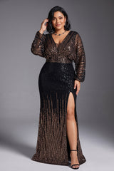 Curveins Plus Size V-Neck Sequin Sparkle High-Slit Slimming Maxi Dress
