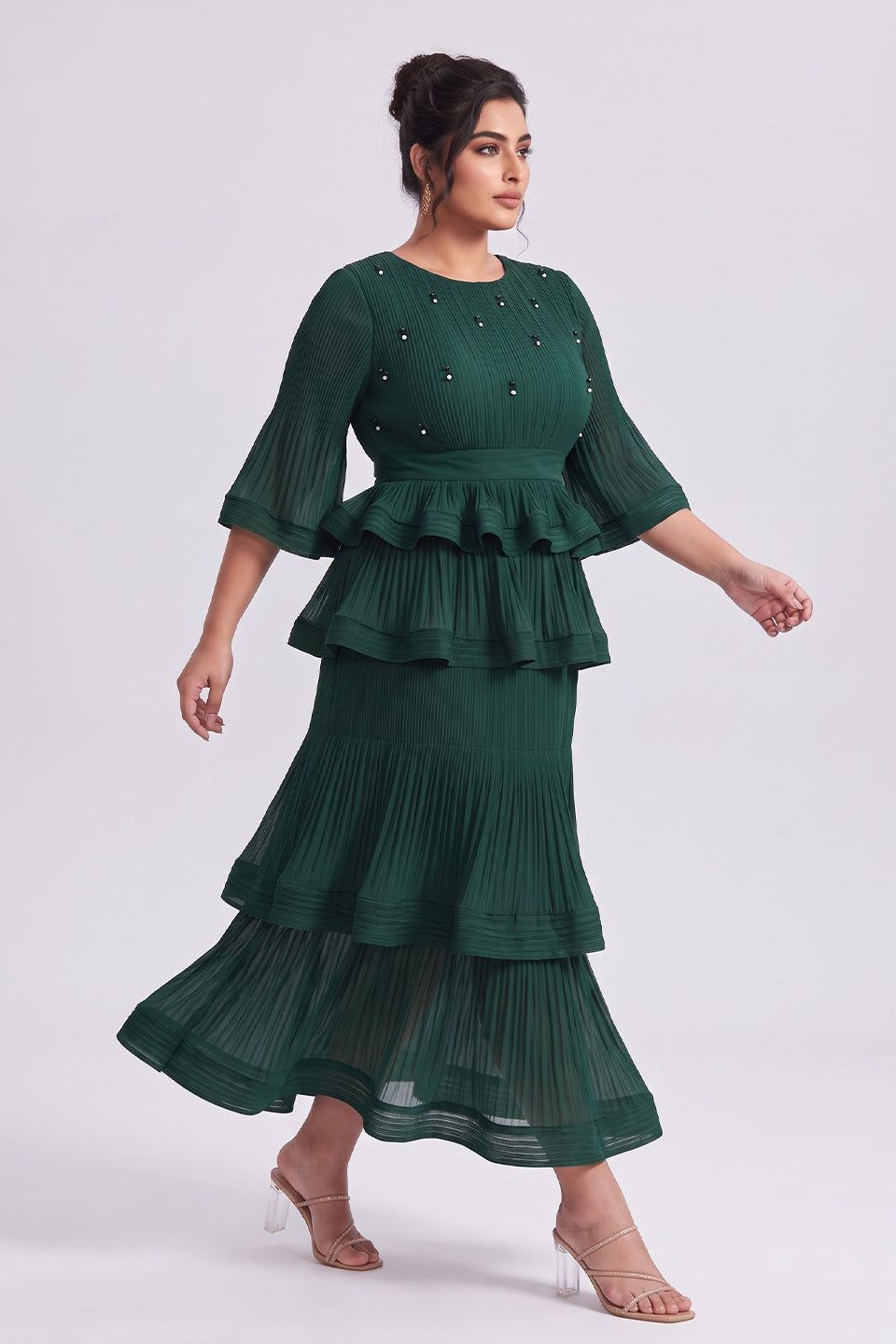 Curveins Plus Size Crew Neck Long Sleeve Ruffle Tiered Skirt Set