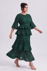 Curveins Plus Size Crew Neck Long Sleeve Ruffle Tiered Skirt Set
