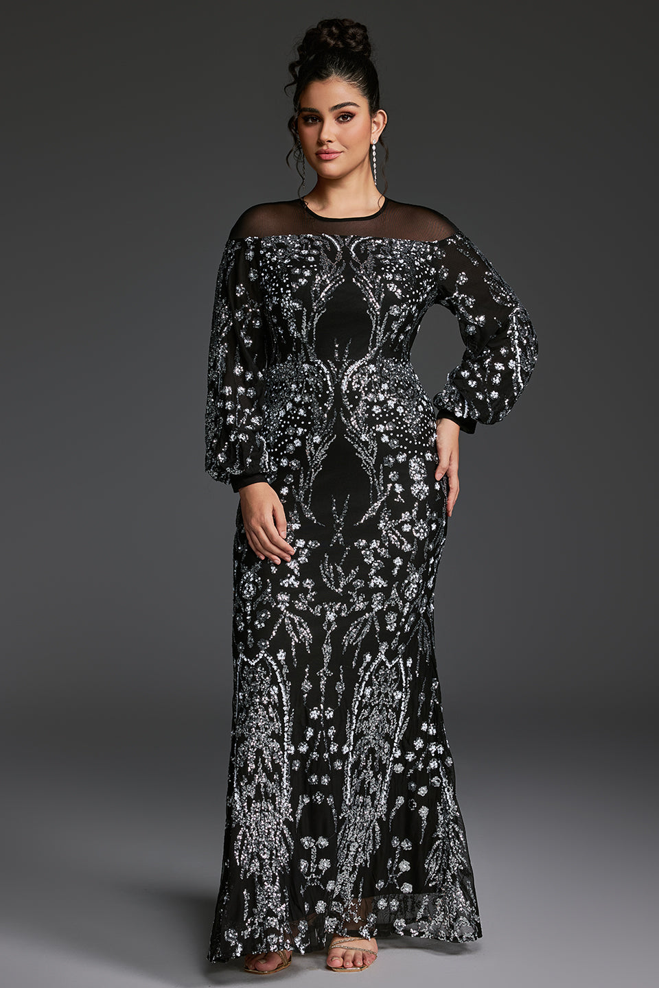 Curveins Plus Size Sheer Round Neck Puff Sleeve Patterned Sequin Bodycon Maxi Dress