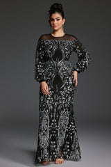 Curveins Plus Size Sheer Round Neck Puff Sleeve Patterned Sequin Bodycon Maxi Dress