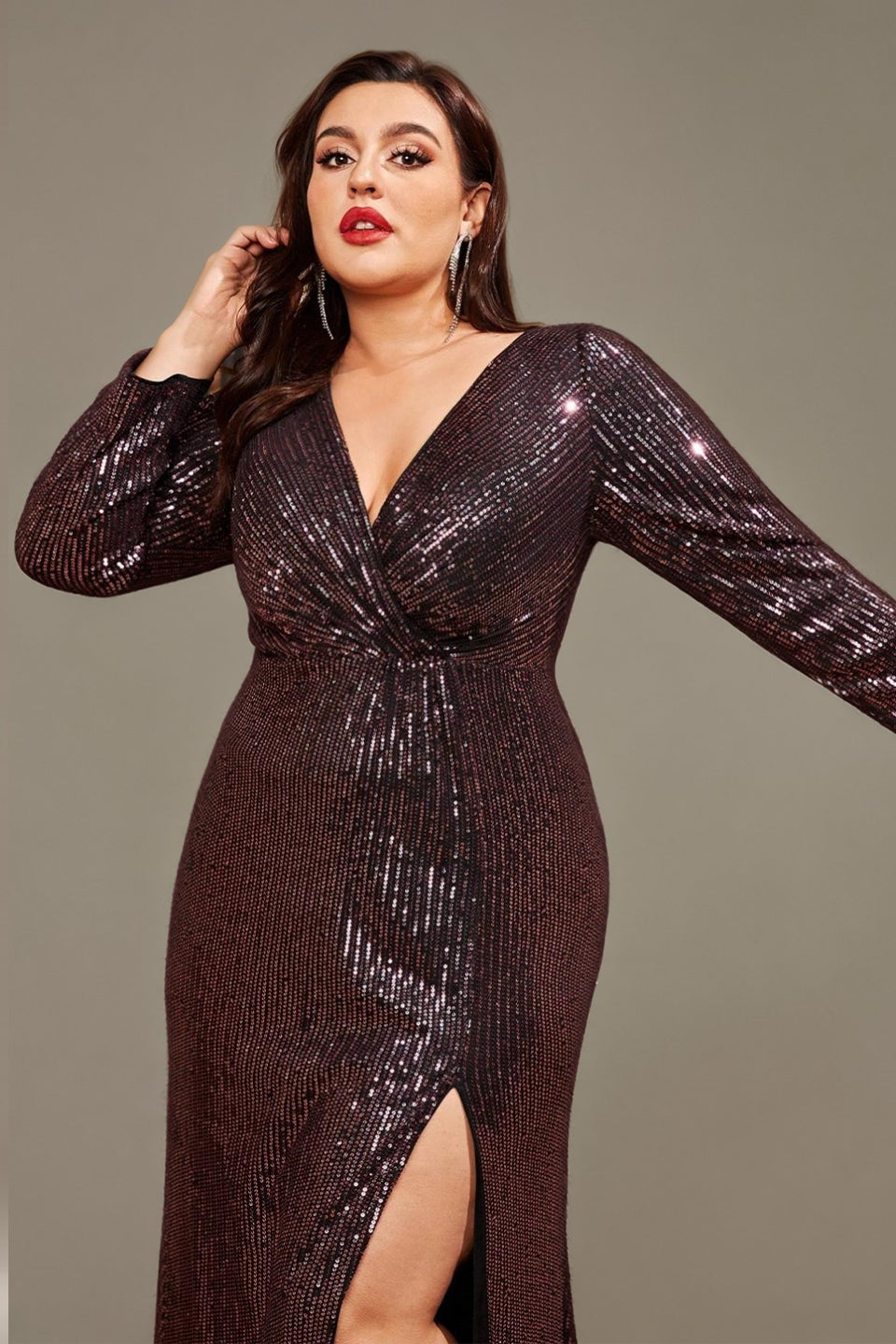 Curveins Plus Size V-Neck Long Sleeve Sequin Maxi Dress with Side Slit