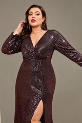 Curveins Plus Size V-Neck Long Sleeve Sequin Maxi Dress with Side Slit