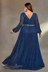 Curveins Plus Size V-Neck Long Sleeve Sequin Maxi Dress with Waist Tie and Side Slit